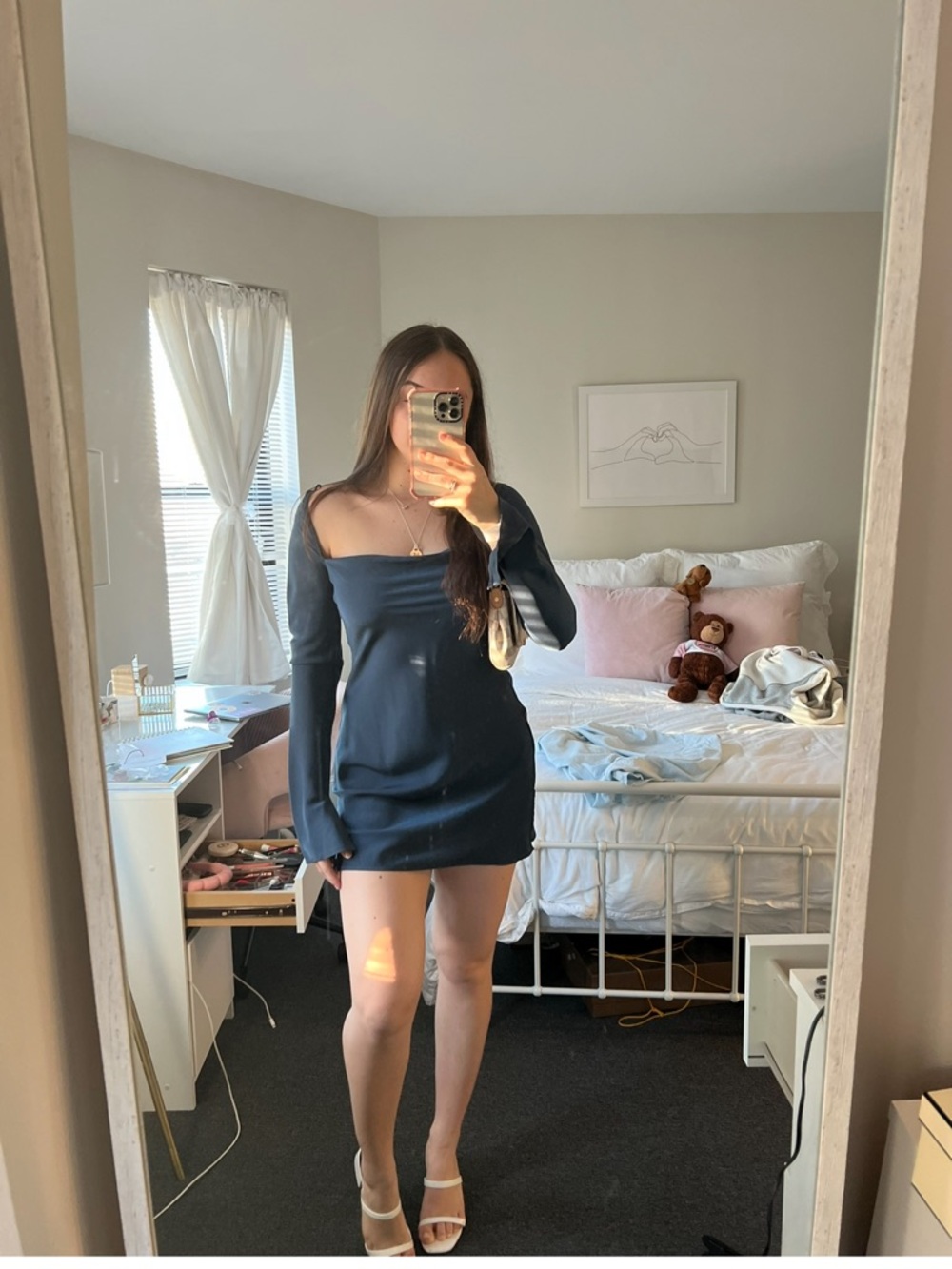 Cotton Candy Navy Blue Long Sleeve Mini Dress with Cowl Neck